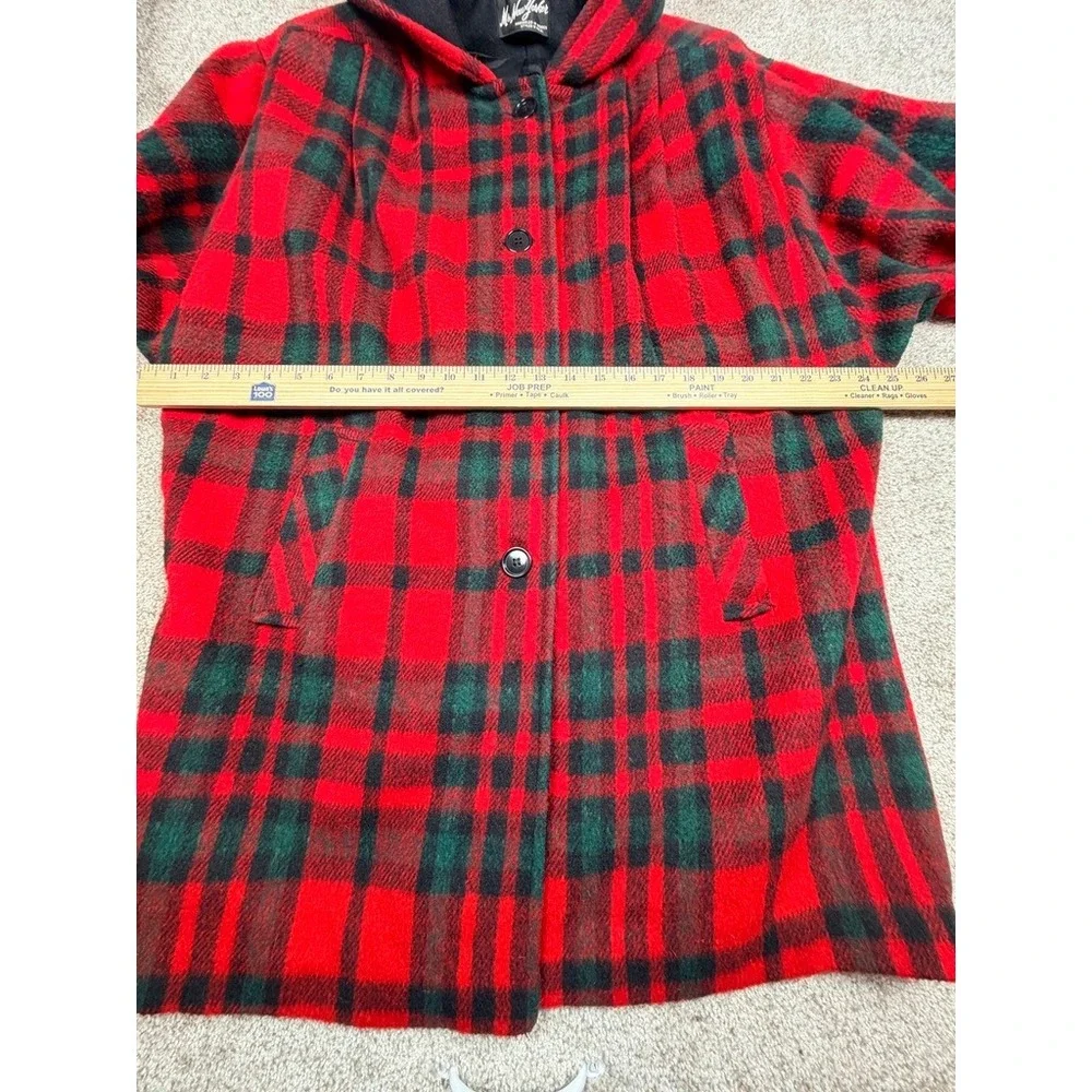 Ms New Yorker Vintage Hooded Plaid Coat Red Green Tartan Button Front Rib Cuffs